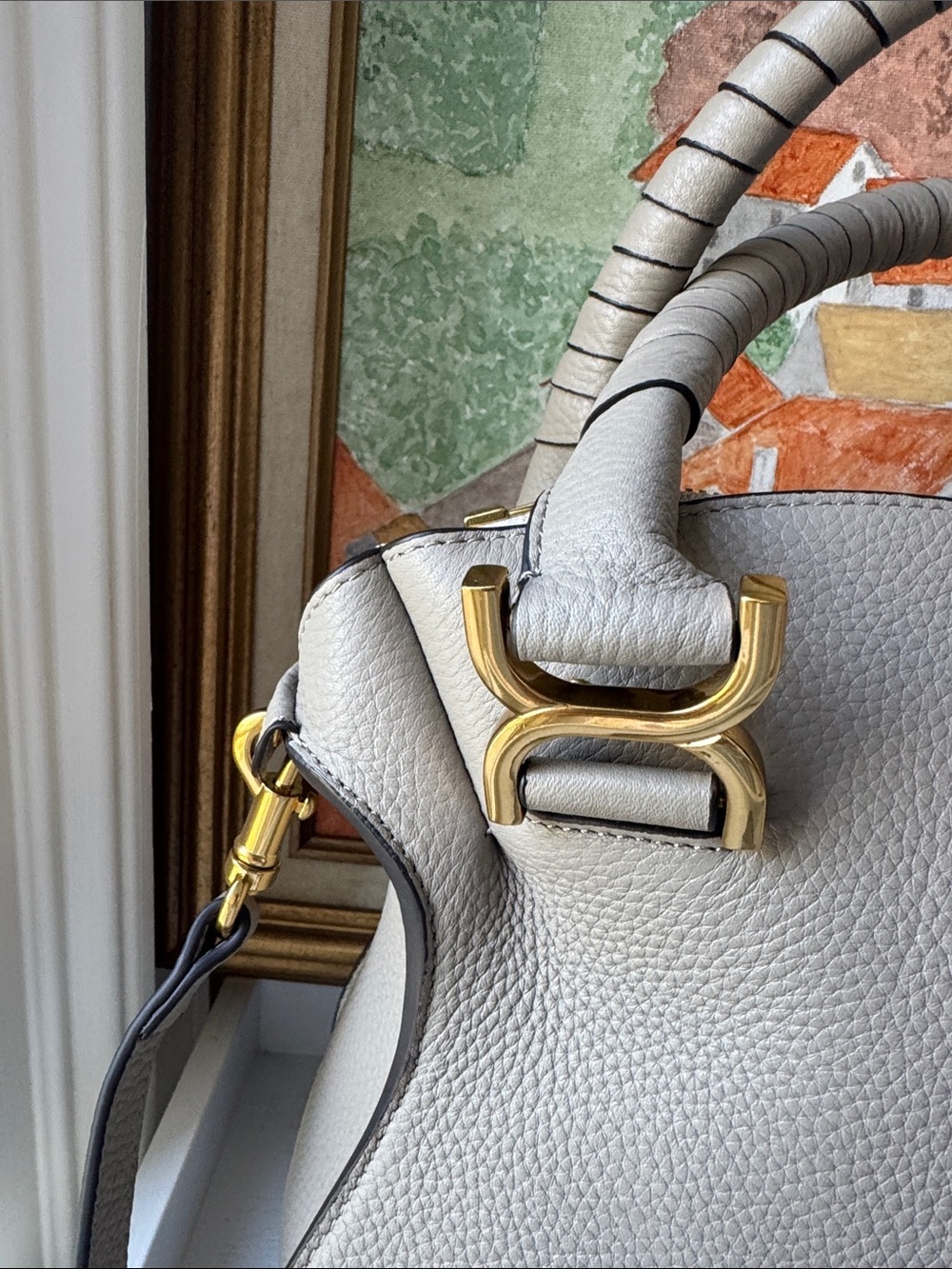 Neutral Taupe Gray Shoulder Bag with Gold Hardware - Picture 4 of 12